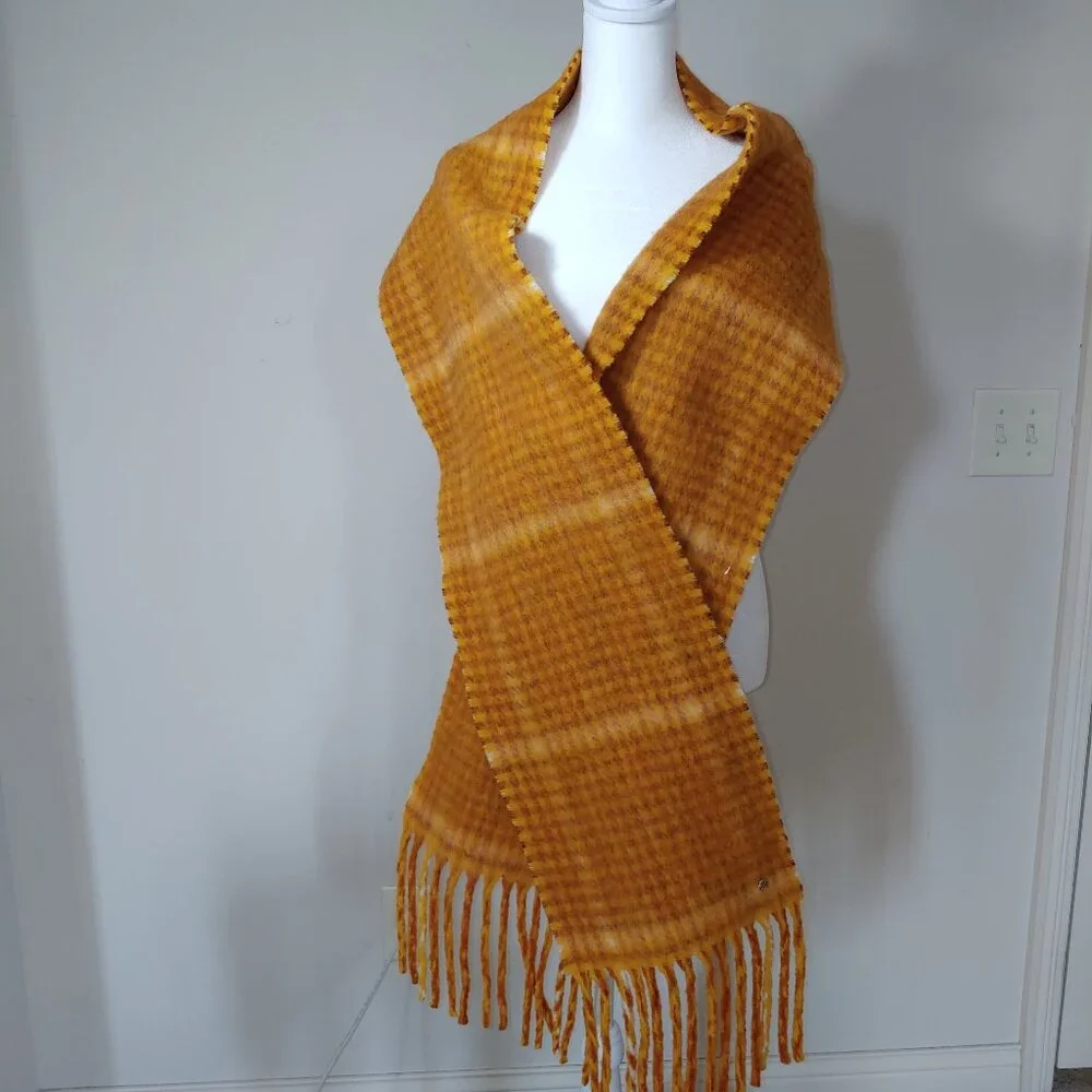 Kate Spade Fiesta Plaid Brushed Scarf Wool Blend Orange Fringed Plaid OS
